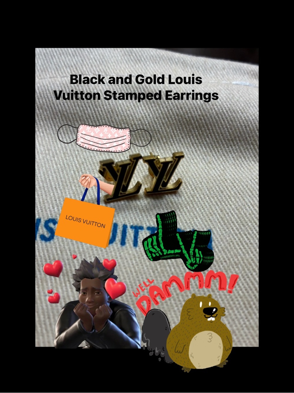 Louis Vuitton Gold and Black LV Logo Stud Earrings